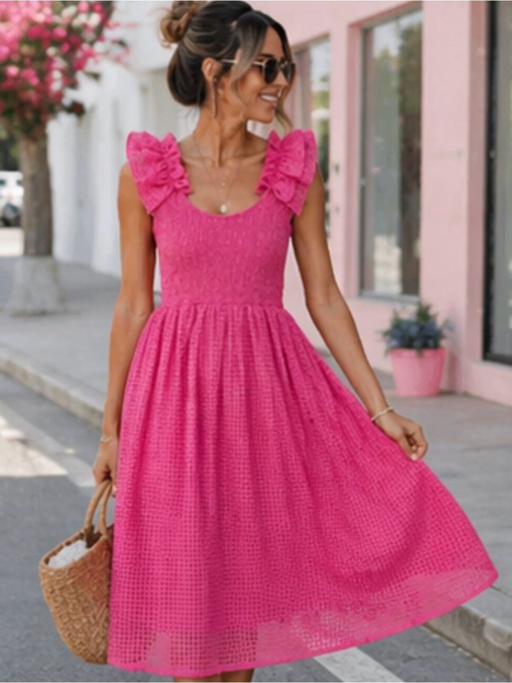Crown & Ivy Pink Ruffle Strap Midi Dress - Women's Summer Dress Sz M